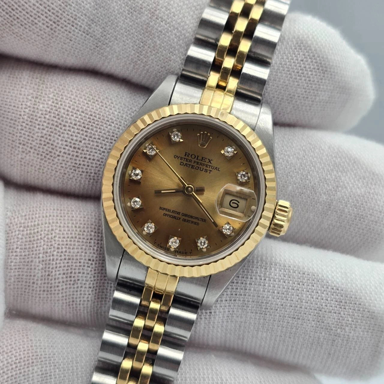 Rolex Lady Datejust 18K Gold Steel NO HOLES 26mm Champagne Diamond Dial 69173