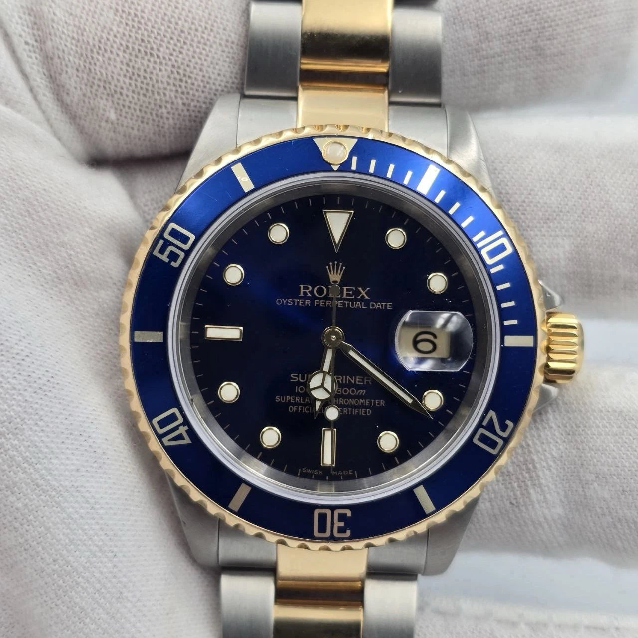 2005 Rolex Submariner 16613 NO HOLES Blue Dial Two Tone Steel Gold 40mm Watch