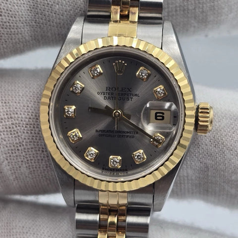 Rolex Lady Datejust 26mm Yellow Gold Steel Factory Rhodium Diamond Dial 69173