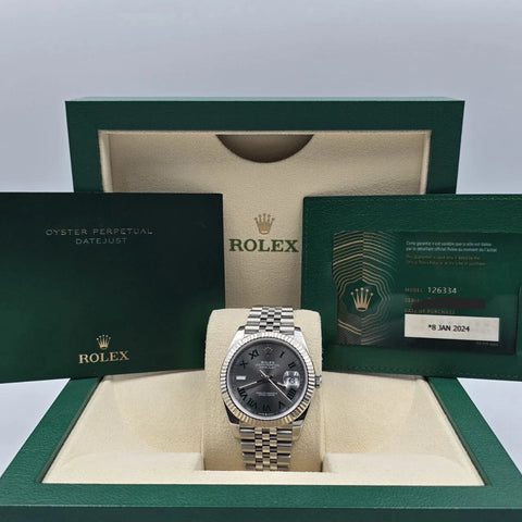 2024 PAPERS Rolex Datejust 41mm Wimbledon Fluted Jubilee Steel Watch 126334 BOX