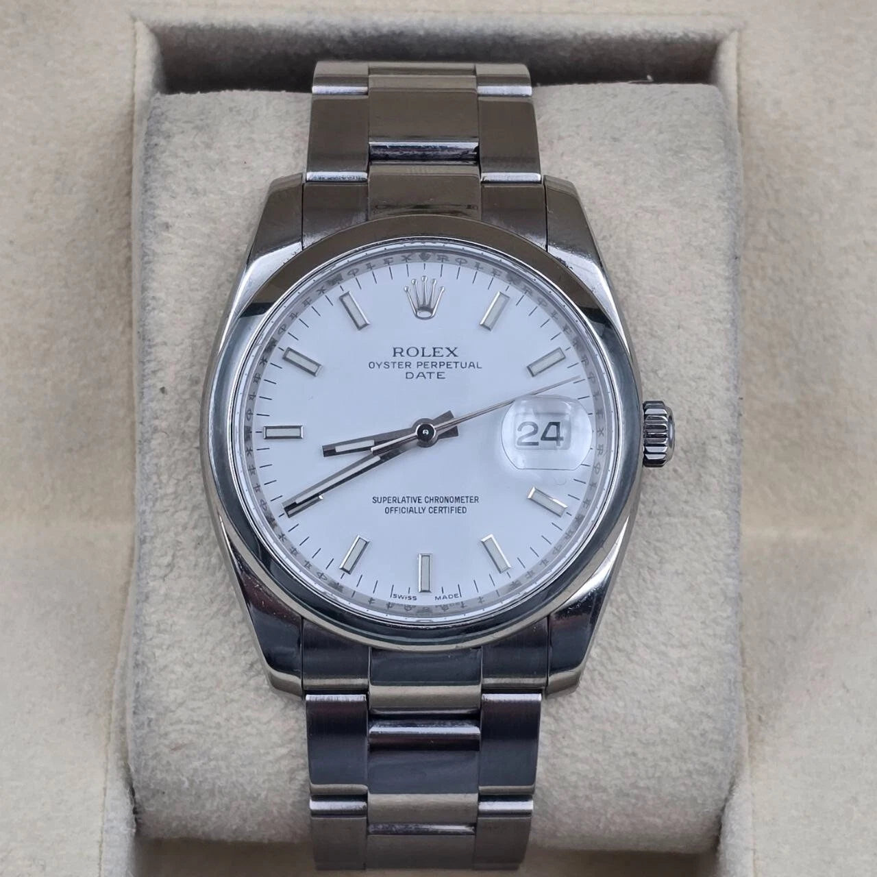 PAPERS Rolex Oyster Perpetual Date 34mm 115200 White Steel Oyster Watch