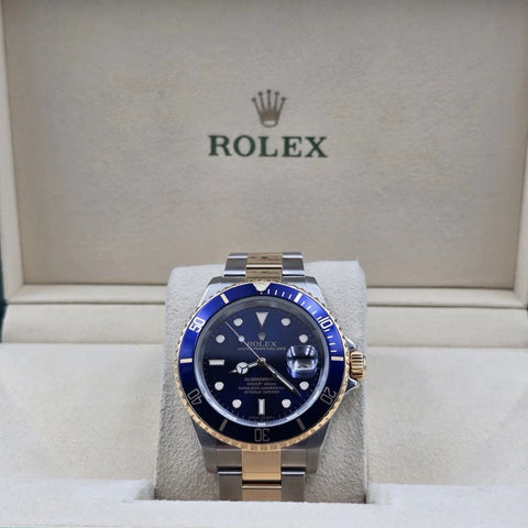 2005 Rolex Submariner 16613 NO HOLES Blue Dial Two Tone Steel Gold 40mm Watch