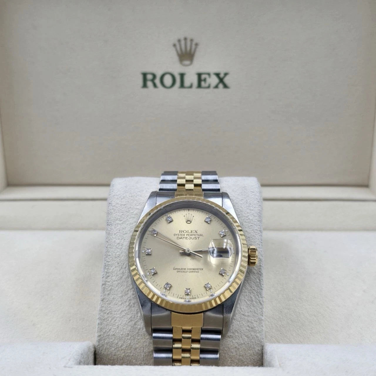 Rolex Datejust 36mm Champagne Diamond Dial 18K Yellow Gold Two Tone Watch 16233