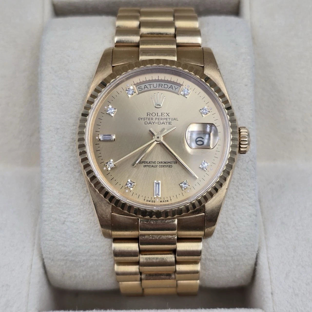 Rolex 18K Gold Day-Date President Gold Champagne Diamond Dial 36mm Watch 18238