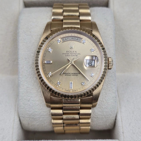 Rolex 18K Gold Day-Date President Gold Champagne Diamond Dial 36mm Watch 18238