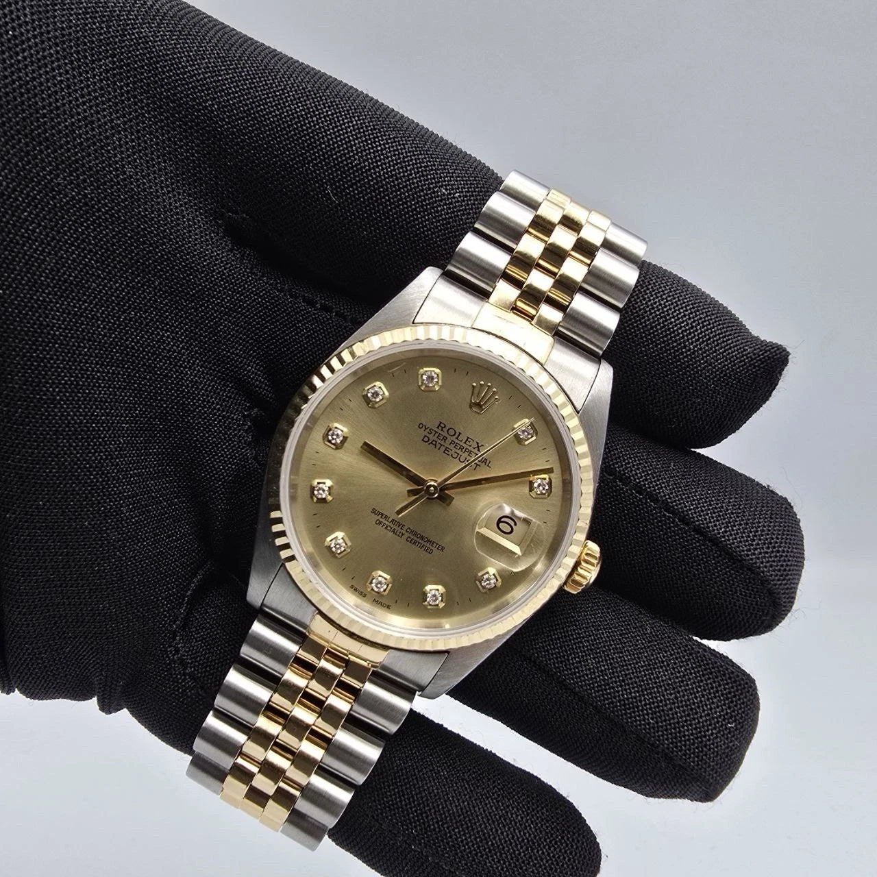 Rolex Datejust 36mm NO HOLES Champagne Diamond Dial 18K Gold TT Watch 16233