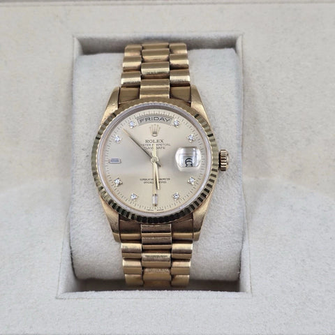 Rolex 18K Gold Day-Date President Gold Champagne Diamond Dial 36mm Watch 18238