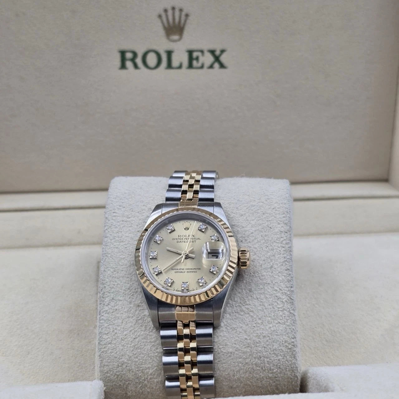 Rolex Datejust 26mm Champagne Diamond Dial Two Tone NO HOLES Jubilee Watch 69173