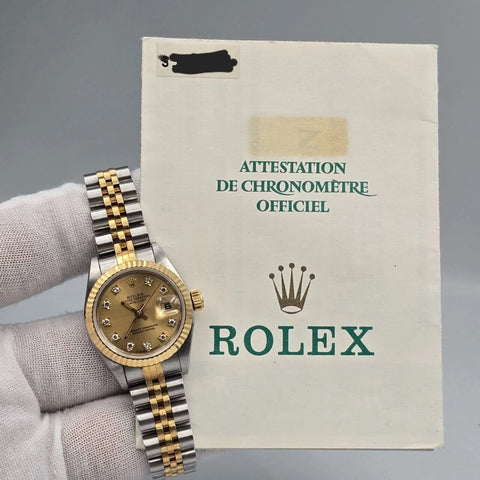 PAPERS Rolex Lady Datejust 18K Gold Steel Champagne NO HOLES Diamond Dial 69173