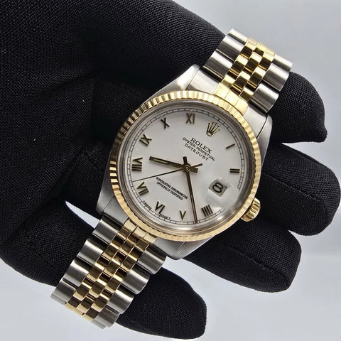 Rolex DateJust 36mm White Roman Fluted Two-Tone 18K Yellow Gold Jubilee 16013