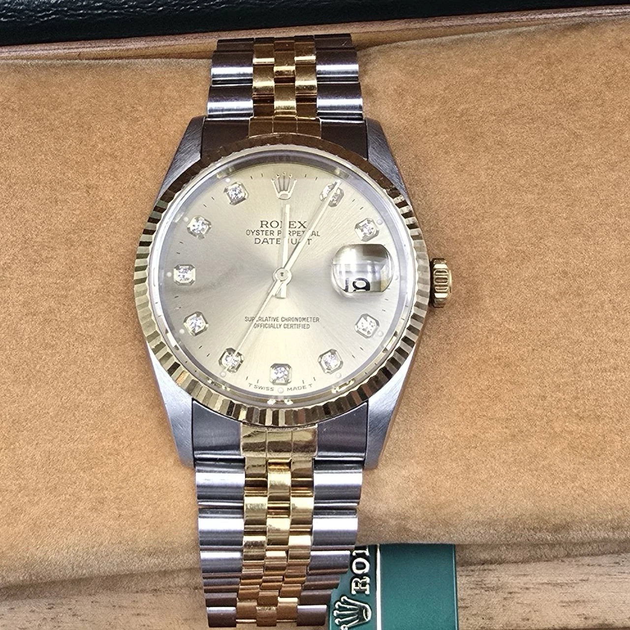 PAPERS Rolex DateJust 36mm NO-HOLES Champagne Diamond Dial TT 18K 16233 BOX