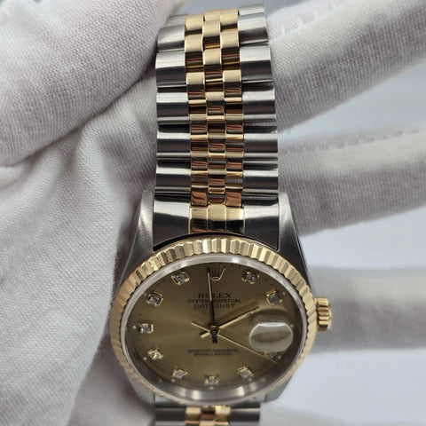 PAPERS Rolex Datejust 36mm Champagne Diamond Dial Two Tone Jubilee 16233 BOX