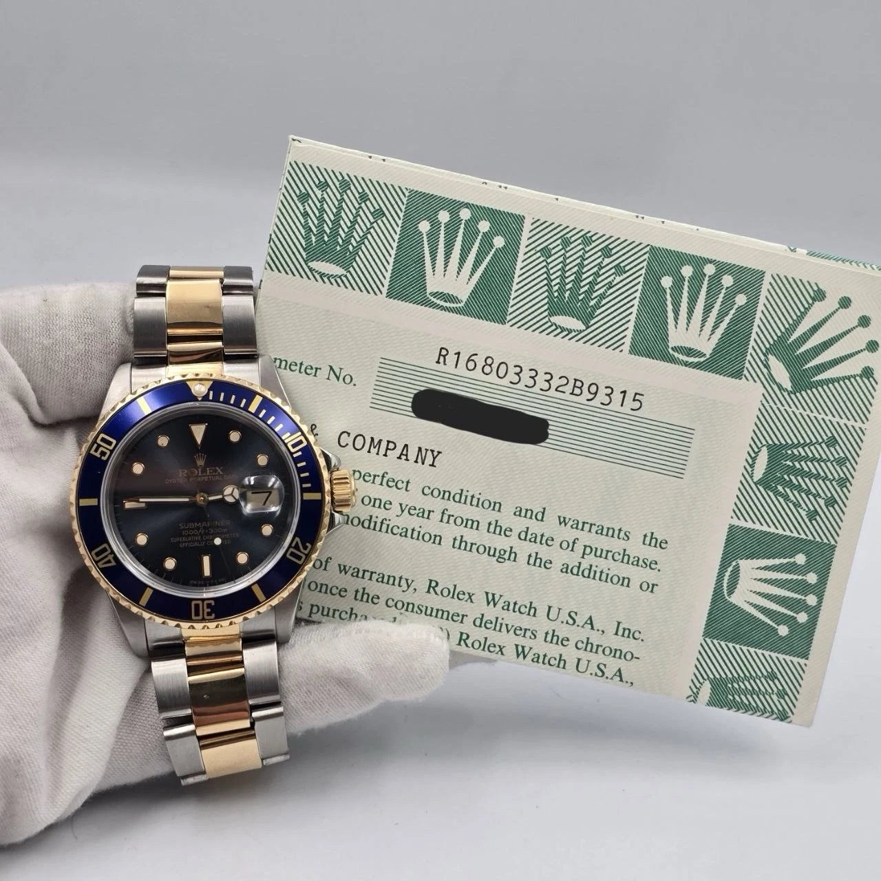 PAPERS Rolex Submariner Date 18K Gold Blue Sunburst Dial 40mm Watch 16803 BOX