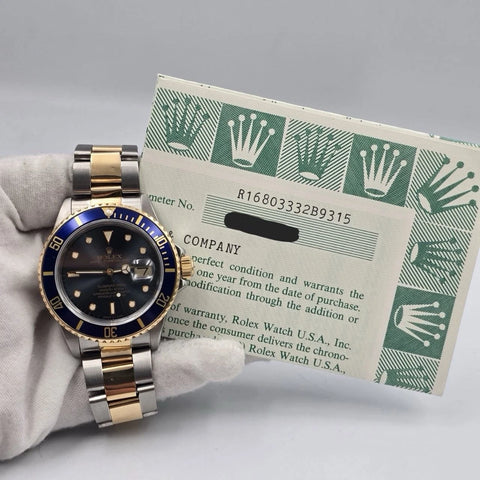 PAPERS Rolex Submariner Date 18K Gold Blue Sunburst Dial 40mm Watch 16803 BOX