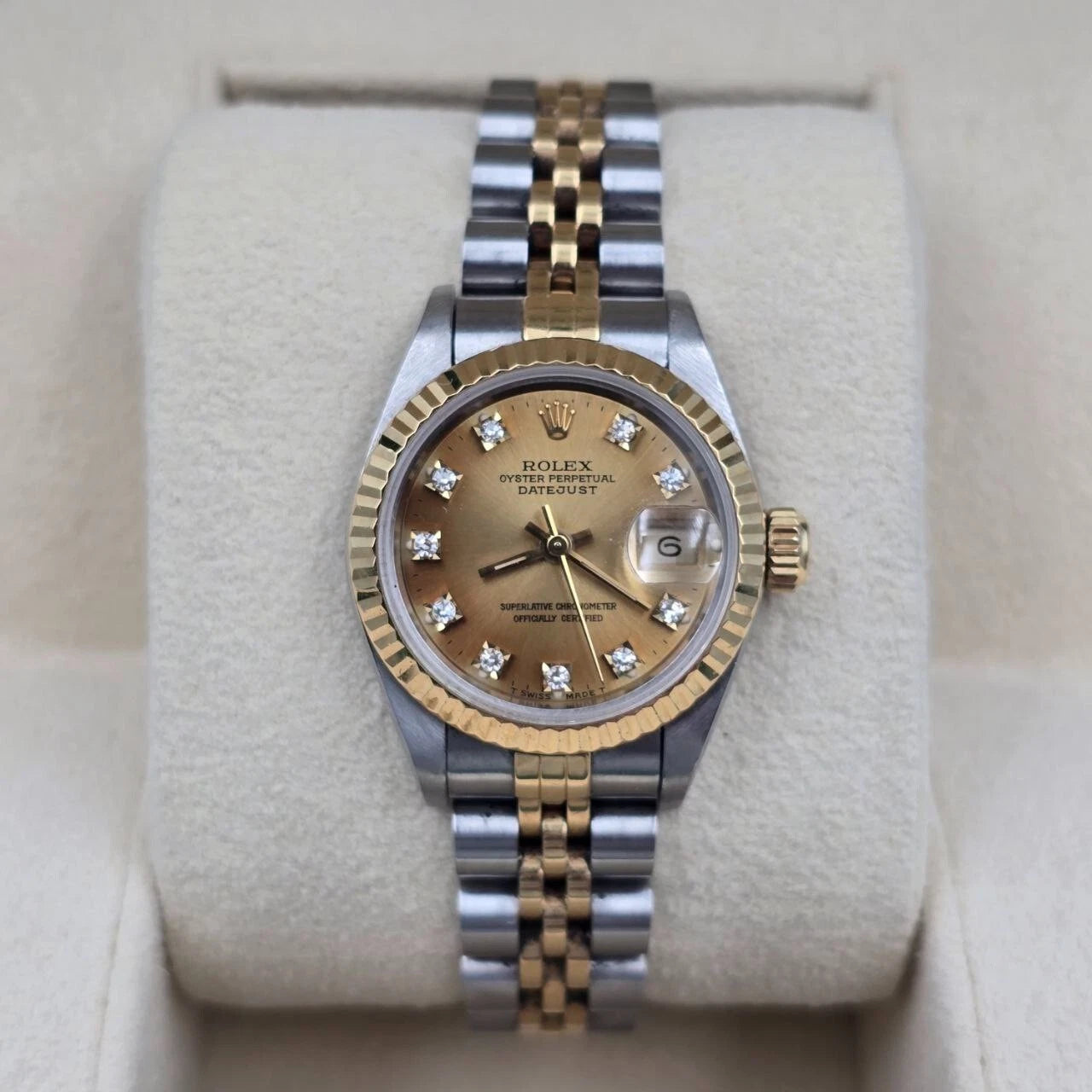 Rolex Lady Datejust 18K Gold Steel NO HOLES 26mm Champagne Diamond Dial 69173