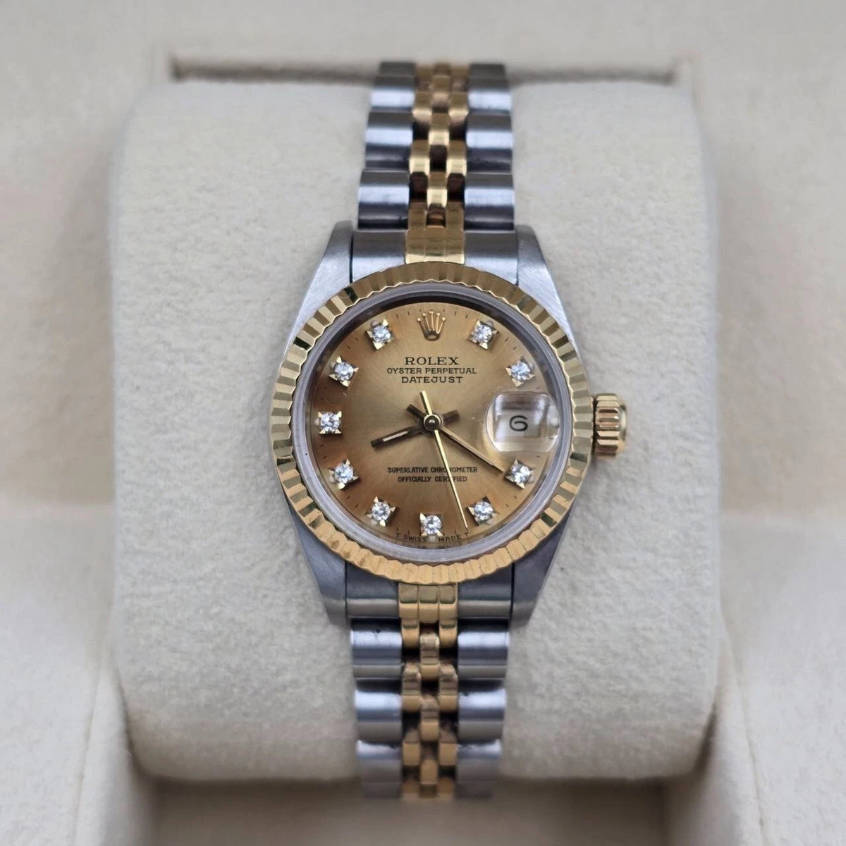 Rolex Lady Datejust 18K Gold Steel NO HOLES 26mm Champagne Diamond Dial 69173