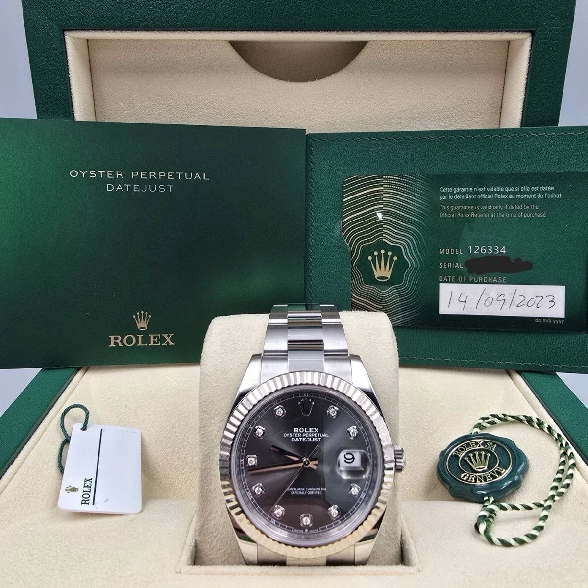 2023 PAPERS Rolex Datejust 41mm 126334 Oyster Rhodium Gray Diamond Dial BOX