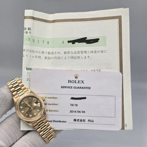 2000 PAPERS Rolex Datejust Champagne Diamond Dial 18K Yellow Gold 79178 26mm