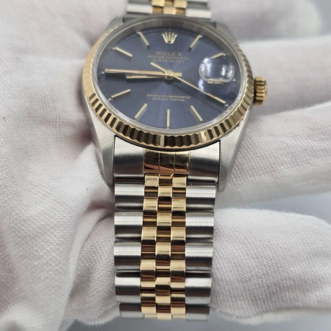 Rolex Datejust 36mm Blue Stick Dial Two Tone 18K Yellow Gold Jubilee 16233