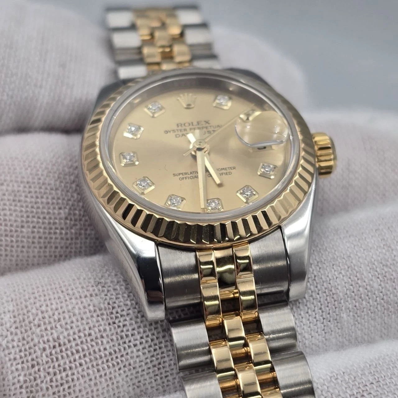 PAPERS MINT Rolex Datejust 18k Two Tone Champagne Diamond Dial 26mm Watch 179173