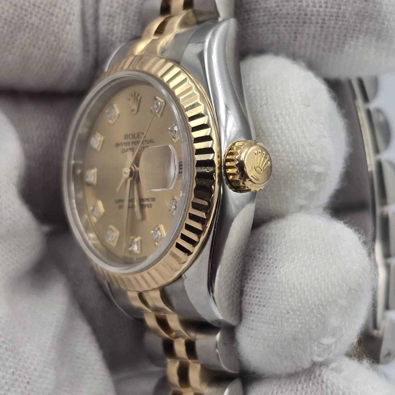 PAPERS MINT Rolex Datejust 18k Two Tone Champagne Diamond Dial 26mm Watch 179173