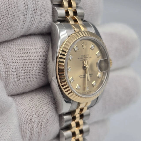 PAPERS MINT Rolex Datejust 18k Two Tone Champagne Diamond Dial 26mm Watch 179173