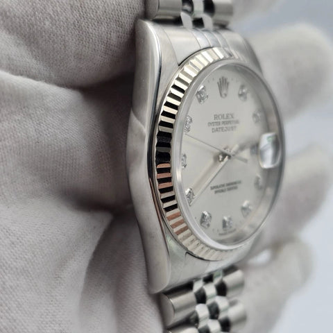 PAPERS Rolex Datejust Silver Diamond Dial Steel Jubilee 16234 36mm Watch BOX