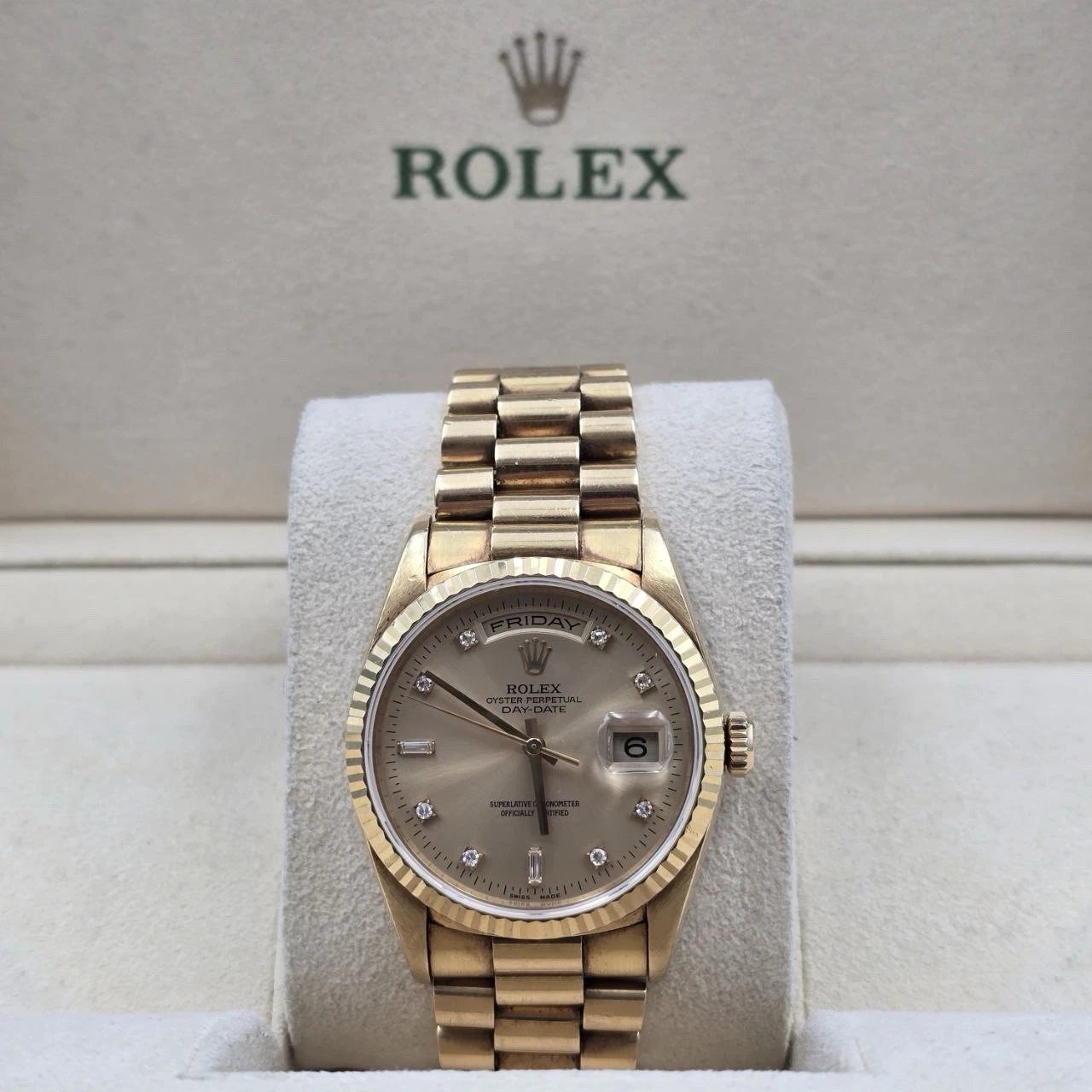 Rolex 18K Gold Day-Date President Gold Champagne Diamond Dial 36mm Watch 18238