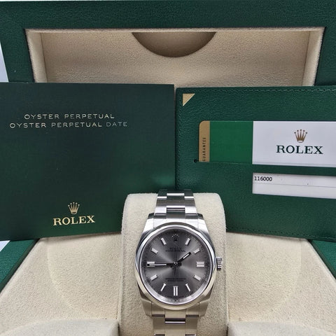 2019 PAPERS Rolex Oyster Perpetual Silver Stick Dial Steel 36mm 116000 BOX