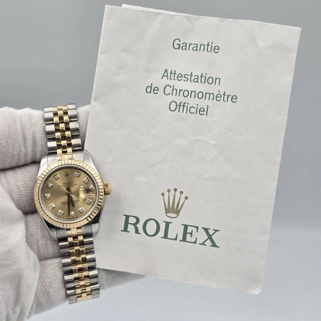 PAPERS MINT Rolex Datejust 18k Two Tone Champagne Diamond Dial 26mm Watch 179173