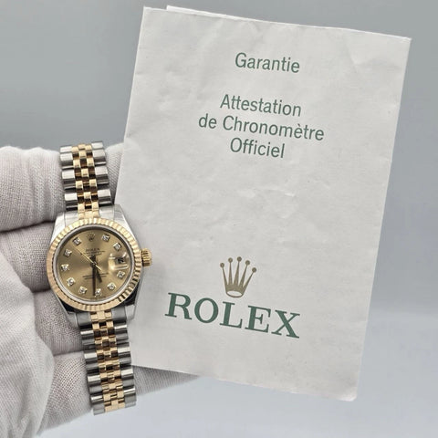 PAPERS MINT Rolex Datejust 18k Two Tone Champagne Diamond Dial 26mm Watch 179173