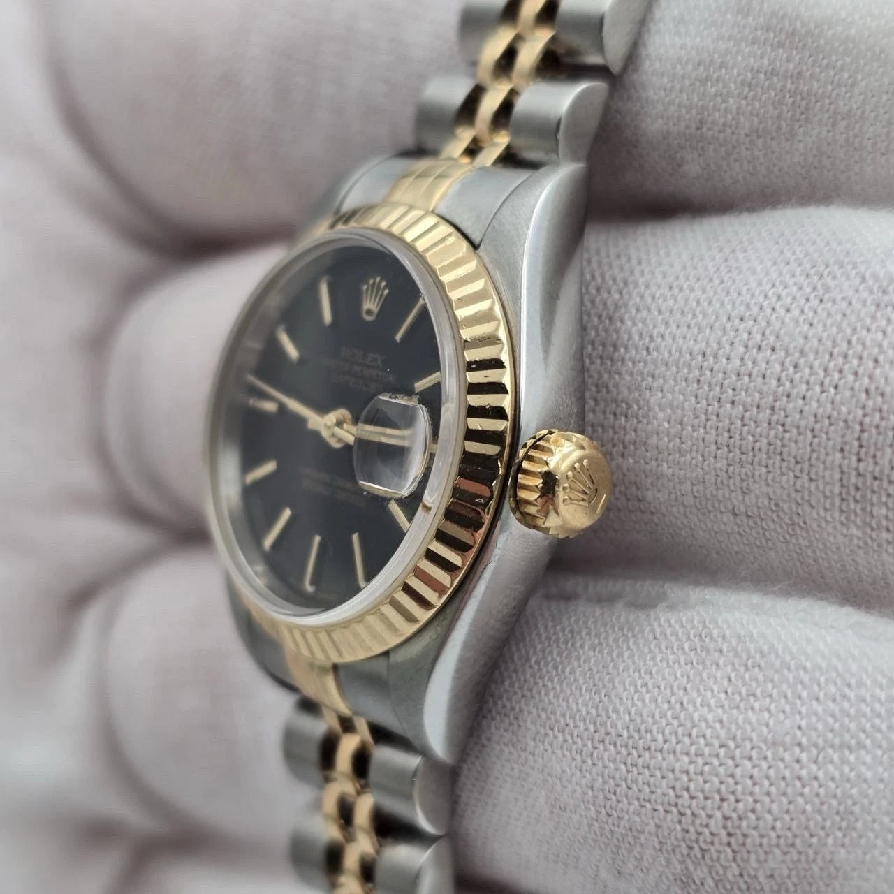 Rolex Datejust 79173 Fluted Bezel Two Tone Jubilee Black Dial 26mm Watch