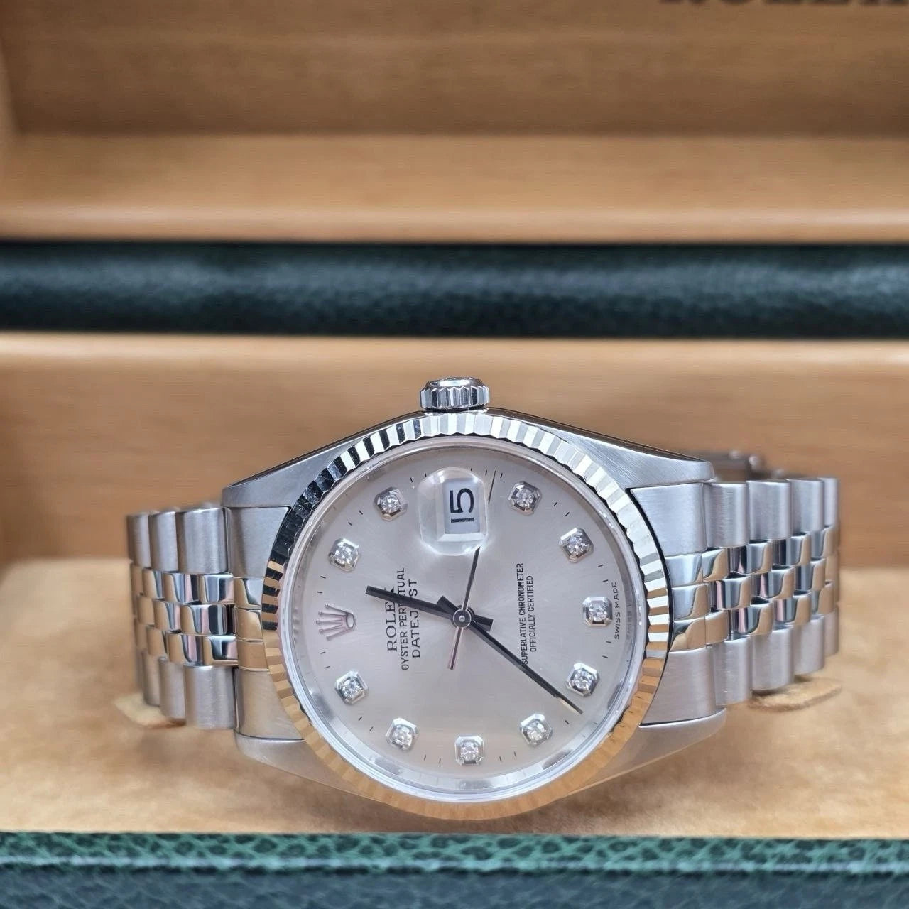 PAPERS Rolex Datejust Silver Diamond Dial Steel Jubilee 16234 36mm Watch BOX