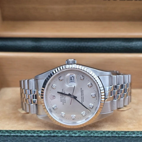 PAPERS Rolex Datejust Silver Diamond Dial Steel Jubilee 16234 36mm Watch BOX