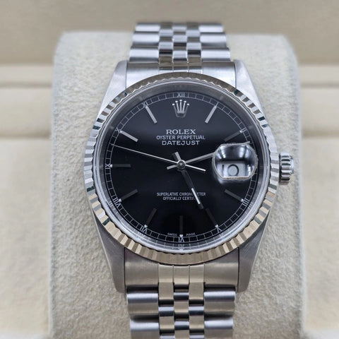 2005 Rolex Datejust Factory Black Dial Stainless Steel Jubilee 16234 36mm Watch