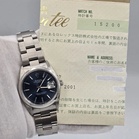 PAPERS Rolex Oyster Perpetual Date 15200 Stainless Steel Blue Dial 34MM Watch
