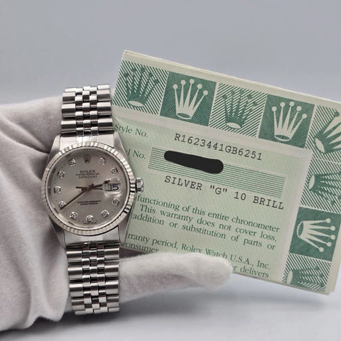 PAPERS Rolex Datejust Silver Diamond Dial Steel Jubilee 16234 36mm Watch BOX
