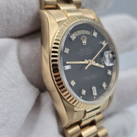 Rolex Day-Date 18238 President 18k Gold FACTORY Black Diamond Dial 36mm Watch