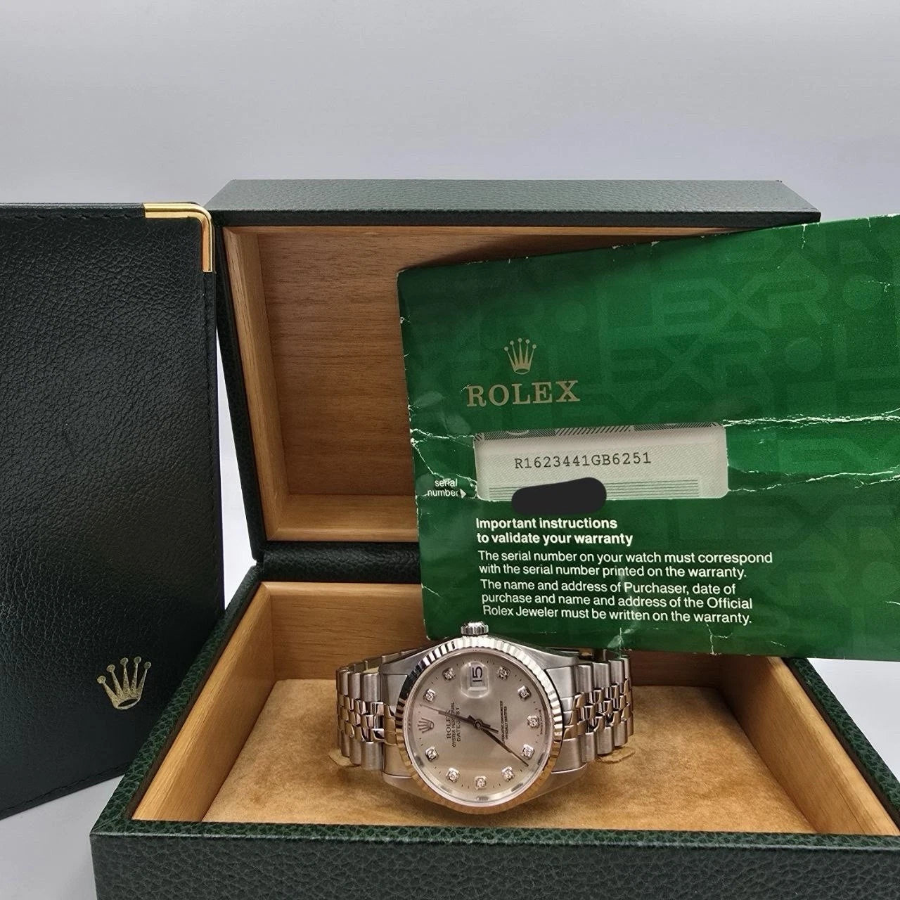 PAPERS Rolex Datejust Silver Diamond Dial Steel Jubilee 16234 36mm Watch BOX