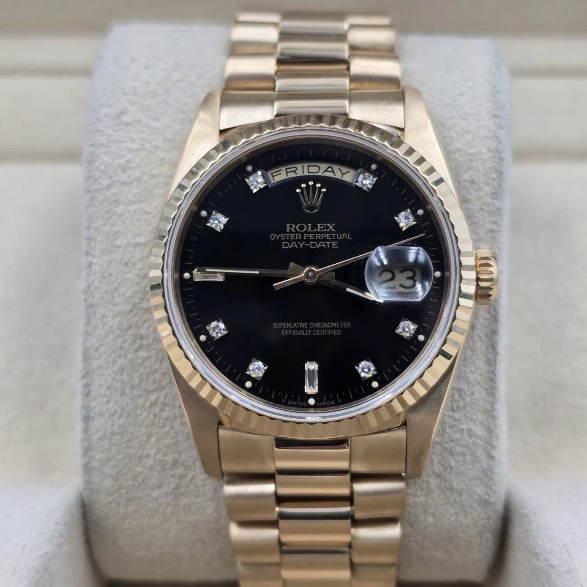 Rolex Day-Date 18238 President 18k Gold FACTORY Black Diamond Dial 36mm Watch