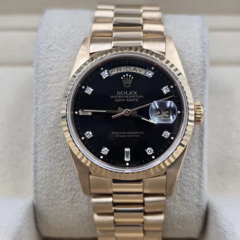 Rolex Day-Date 18238 President 18k Gold FACTORY Black Diamond Dial 36mm Watch