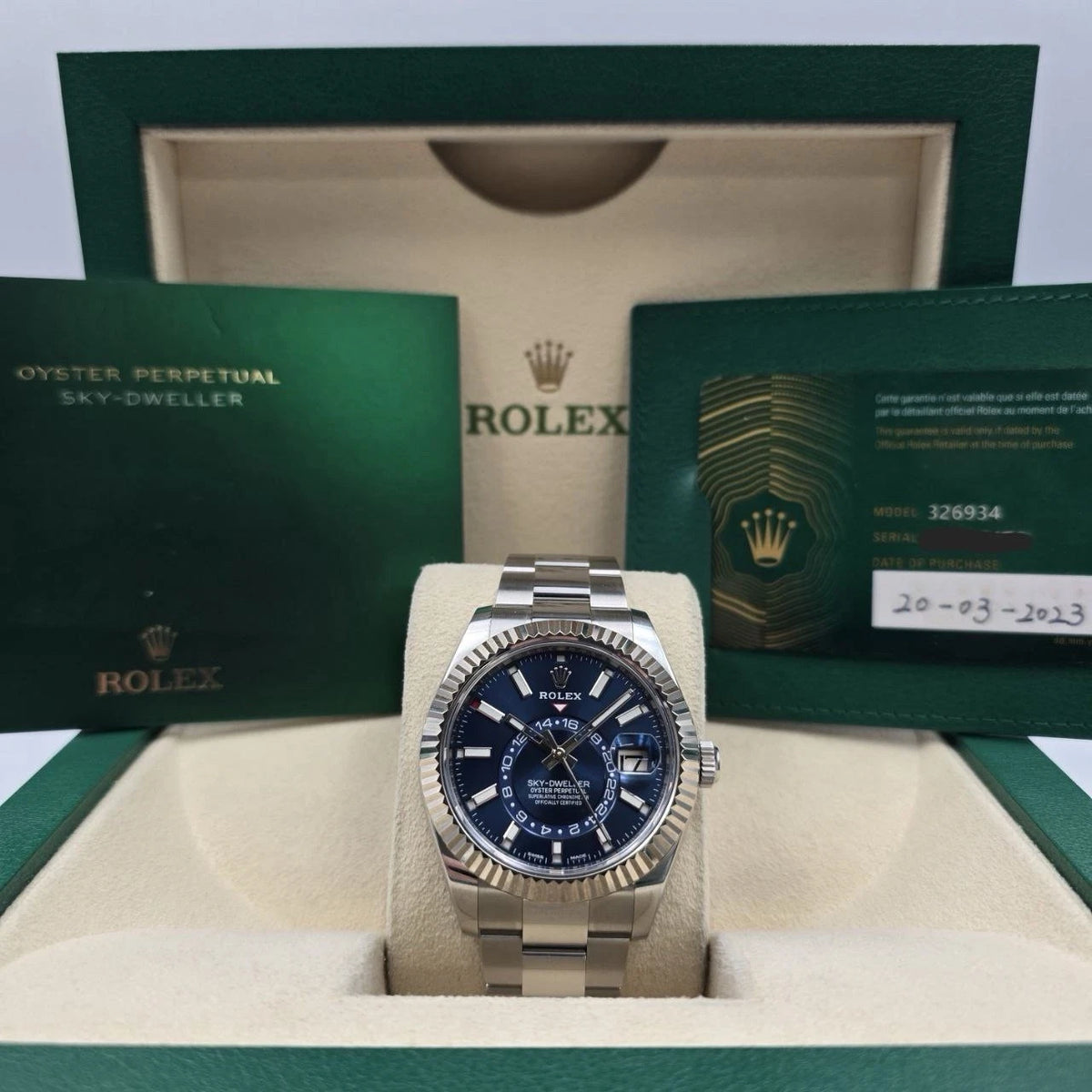 PAPERS 2023 Rolex Sky Dweller 42mm Oyster Blue Dial Steel Watch 326934 BOX