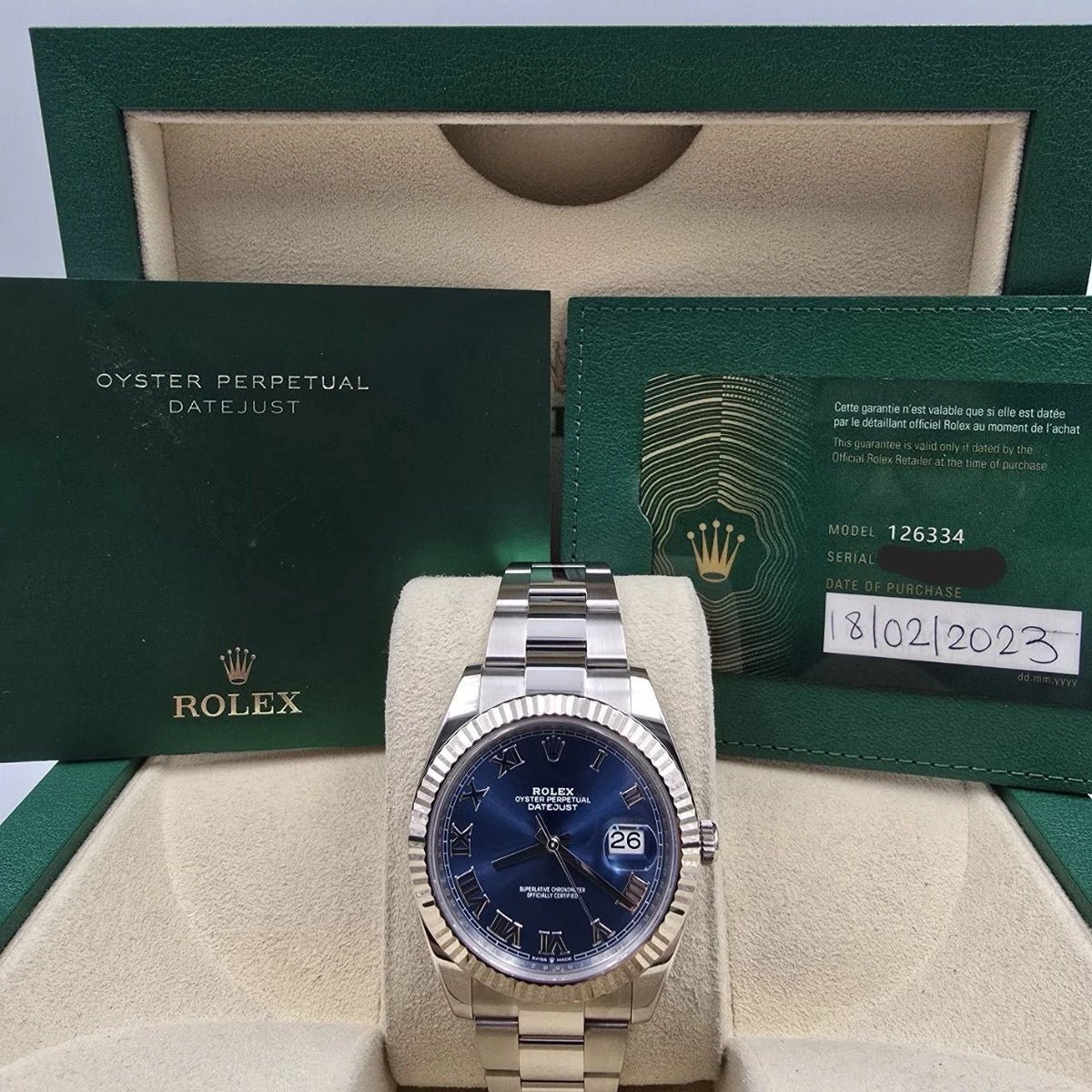 2023 PAPERS Rolex Datejust 41mm 126334 Steel Oyster Blue Roman Dial BOX