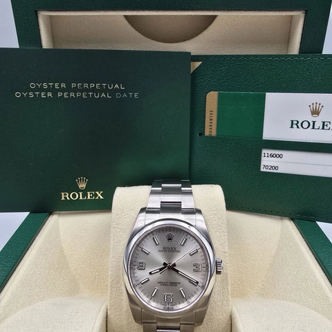 2015 PAPERS Rolex Oyster Perpetual 36mm Steel Silver Dial Watch 116000 BOX