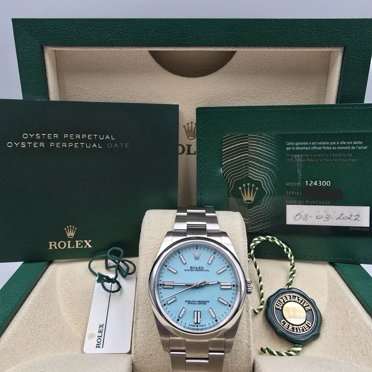 2022 PAPERS Rolex Oyster Perpetual 41mm Turquoise Tiffany Blue Steel 124300 BOX