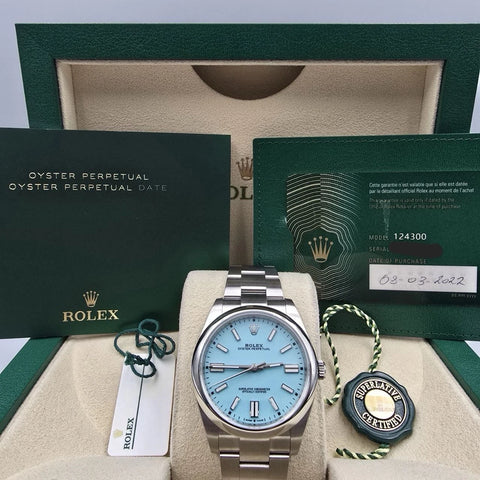 2022 PAPERS Rolex Oyster Perpetual 41mm Turquoise Tiffany Blue Steel 124300 BOX