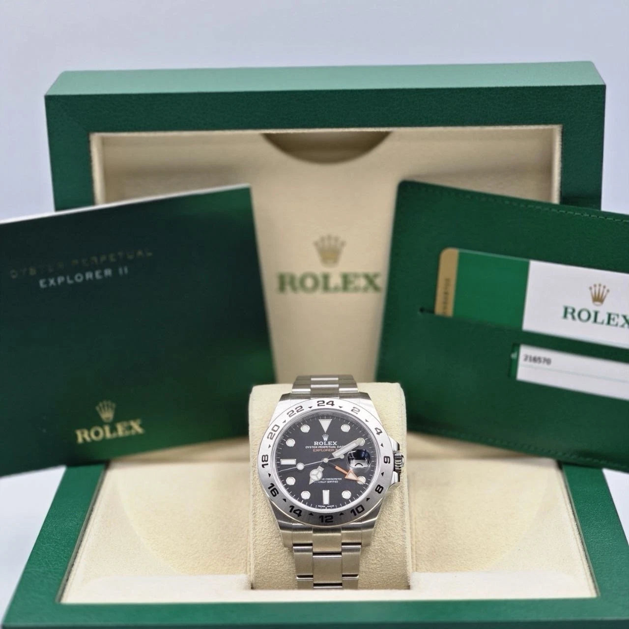 PAPERS 2019 MINT Rolex Explorer II Black Orange Steel 42mm Watch 216570 BOX