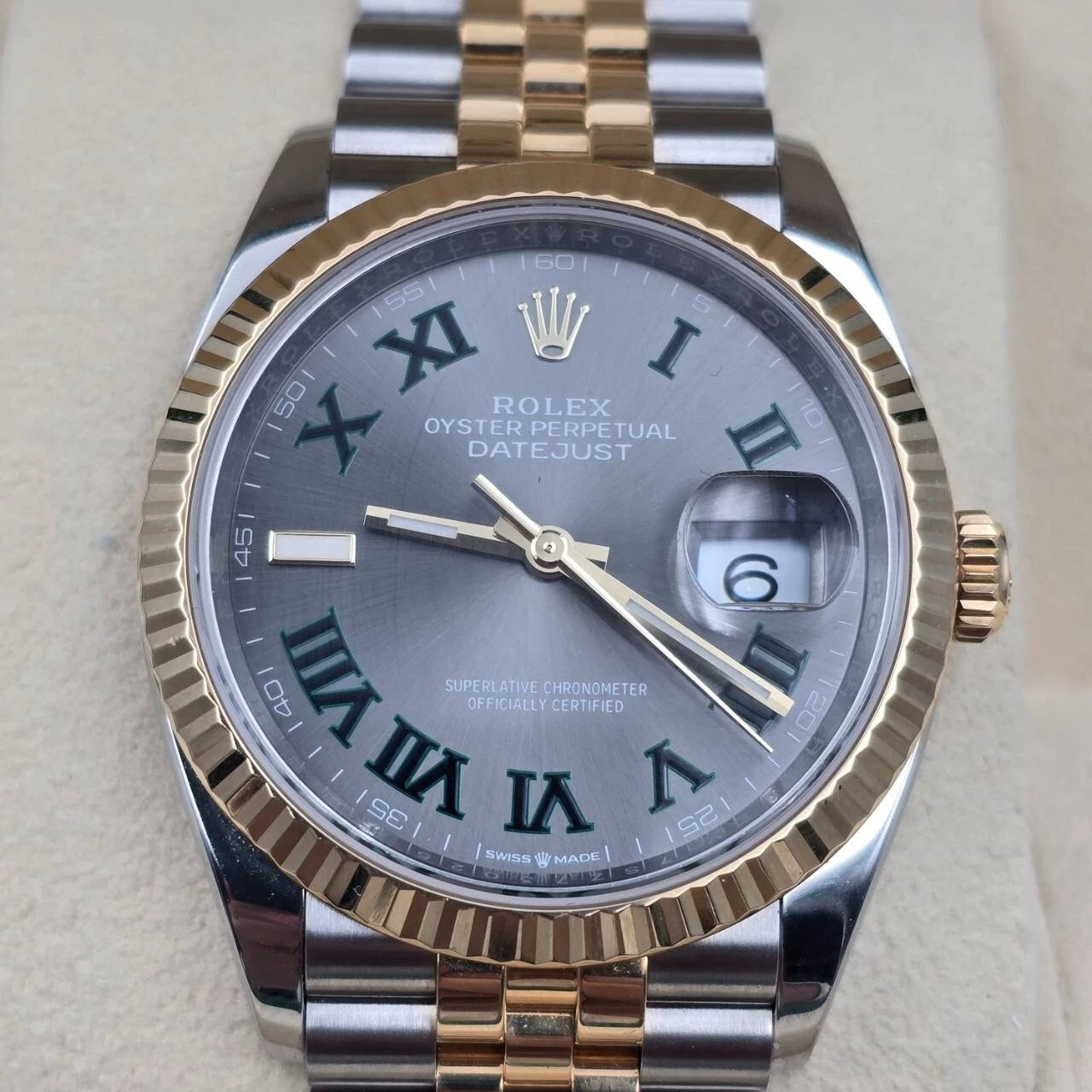 2023 Rolex Datejust 36mm Wimbledon Yellow Gold Fluted Bezel Jubilee 126233 B+P