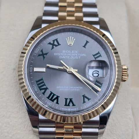 2023 Rolex Datejust 36mm Wimbledon Yellow Gold Fluted Bezel Jubilee 126233 B+P