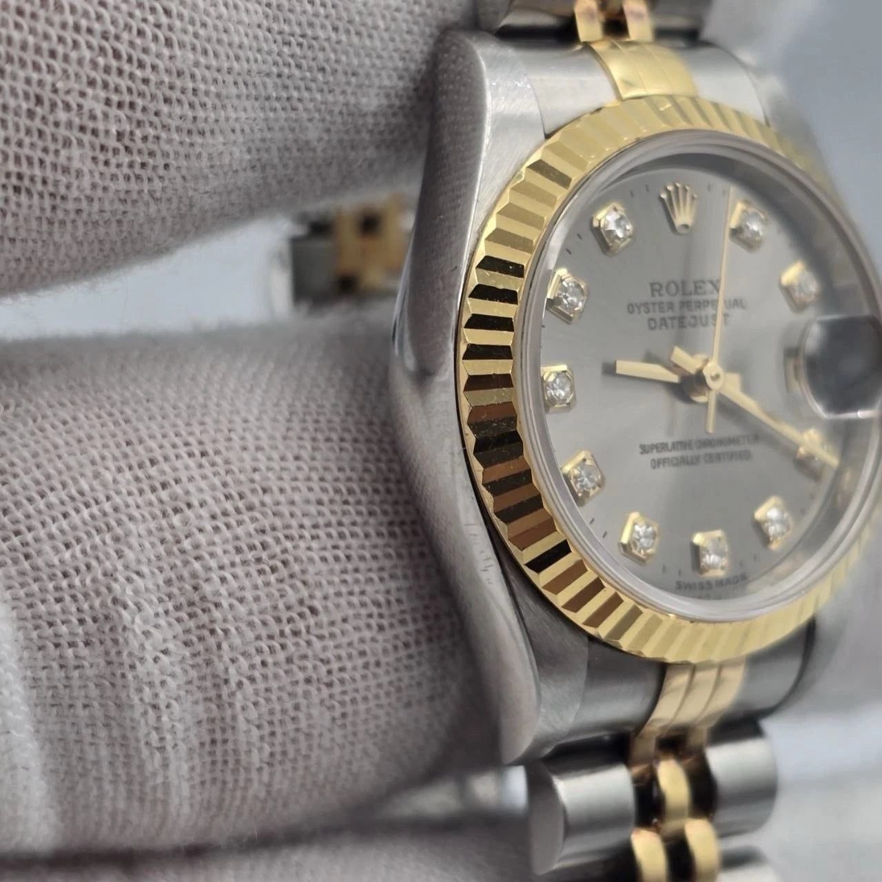 Rolex Lady Datejust 26mm Yellow Gold Steel Factory Rhodium Diamond Dial 69173